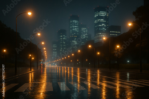 Empty city street with wet pavement and glowing streetlights in the rain at night, urban skyline in background
