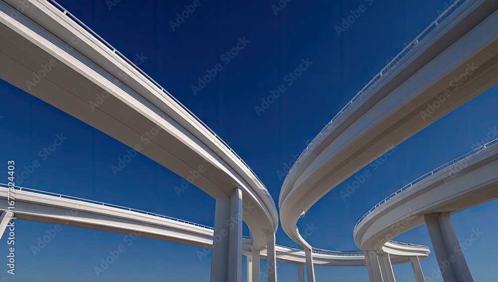 Fototapeta premium Modern highway overpasses curve gracefully against a vibrant blue sky.