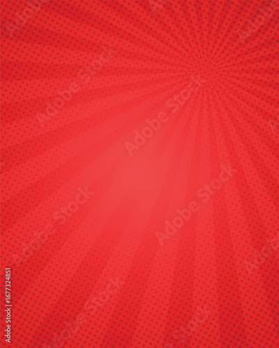 Red pop art halftone background with radial sunburst rays, retro comic style design, vibrant abstract pattern for creative projects and graphic design.