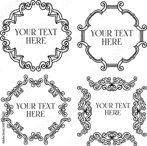 displays four ornamental frame designs with different shapes and can add text in the middle