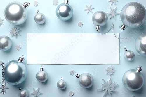 Festive silver christmas ornaments and snowflakes frame empty space