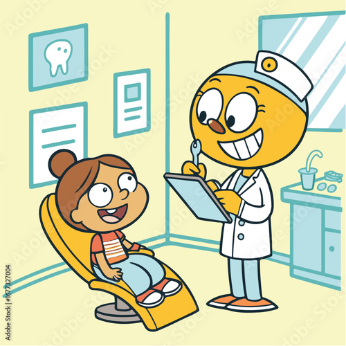 Colorful vector illustration of a cheerful child happily sitting in a dental chair while a dentist checks teeth with medical tools