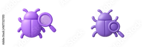Purple beetle with magnifying glass for search and bug fixing. Modern 3D Icon Set