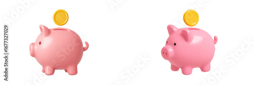 Pink piggy bank with gold coin falling into slot, isolated on black. Modern 3D Icon Set