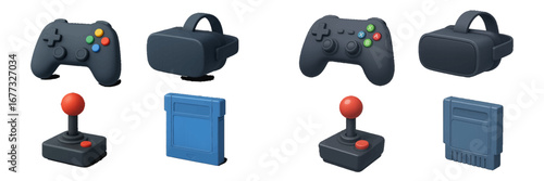 Retro and modern gaming devices: joysticks, gamepads, VR headsets, cartridges. Modern 3D Icon Set