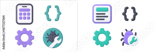 Software development icons for coding, bug fixing, settings, and data. Modern 3D Icon Set