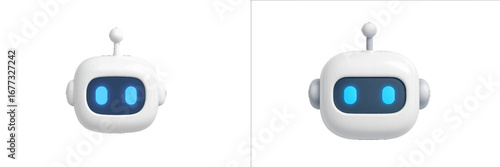 White robot head with glowing blue eyes and antenna, isolated on black. Modern 3D Icon Set