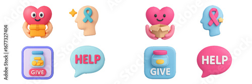 Charity and support icons with hearts, donation jars, and help messages. Modern 3D Icon Set