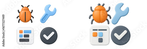 Bug fixing and task completion with icons. Modern 3D Icon Set