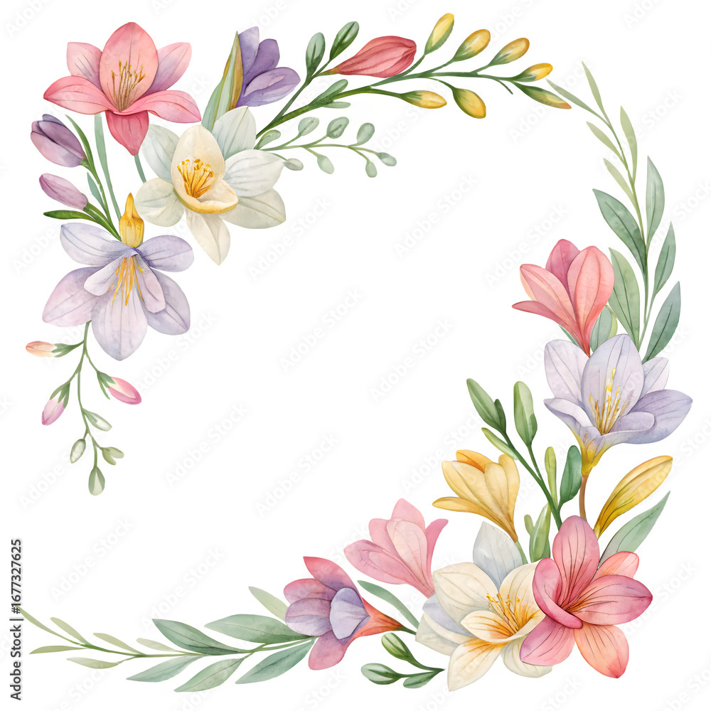 Fototapeta premium Watercolor floral wreath with soft pastel colors on black background