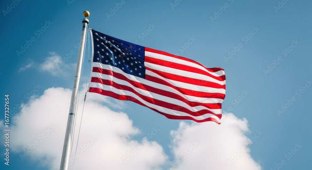 Naklejka premium American flag waving against a blue sky with white clouds on a bright sunny day in the united states