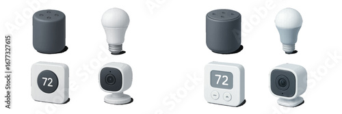 Smart Home Gadgets: Speaker, Light, Thermostat, Camera. Modern 3D Icon Set