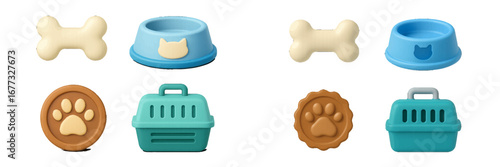 Cute pet care essentials: bone, food bowl, paw print, and carrier. Modern 3D Icon Set