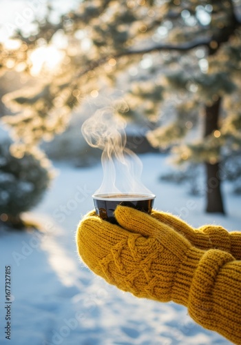 Hands in cozy yellow mittens holding a steaming coffee cup, enjoying a bright winter morning
