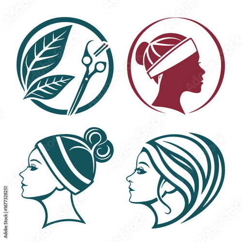 Creative vector design of different female facial beauty profiles with elegant hair and headscarf styles for cosmetic themes