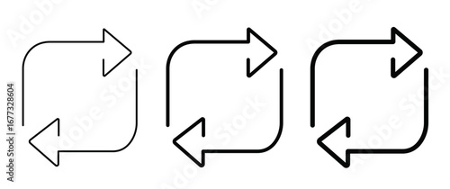 Vector art of set of looping arrow icons in various line thicknesses, representing cycle, refresh, and rotation in a modern design