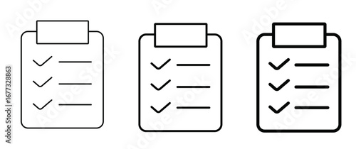 Vector art of checklist clipboard icon set, representing task management, business organization, and project planning for achieving success