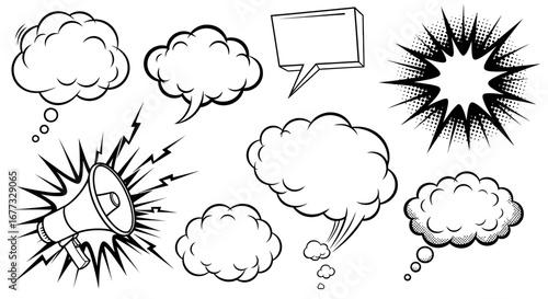 Collection of various comic book speech bubbles and sound effects, all in black and white.