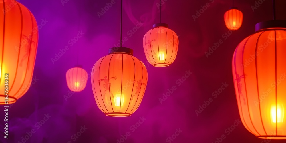 Obraz premium Abstract floating lantern orbs in smokes of violet and orange, Abstract Backgrounds for Halloween Celebration
