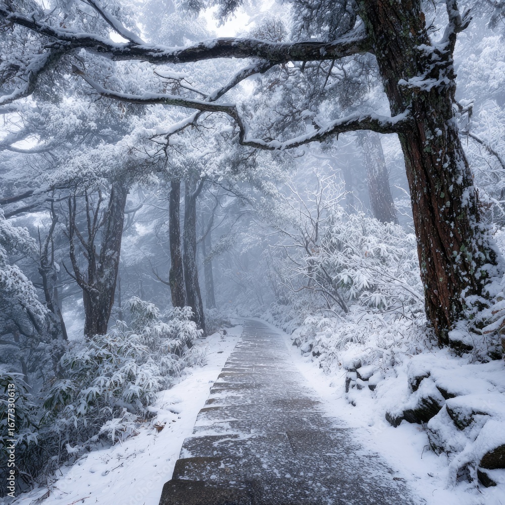 Naklejka premium A snow-covered stone path winds through a misty, snow-laden forest of tall pines and low shrubs, creating a serene, winter wonderland scene