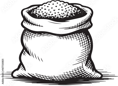 Full burlap sack overflowing with granular material agriculture