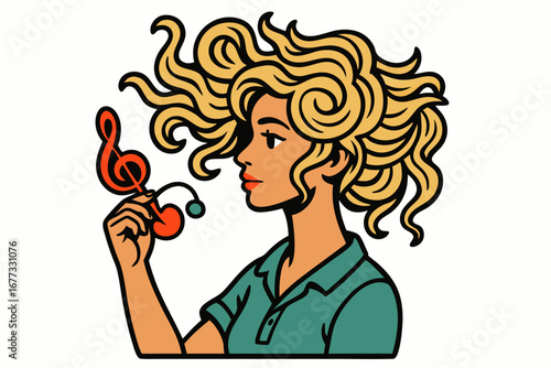 Curly hair woman blowing red swirl side view