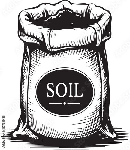 Open burlap sack filled with dark soil and labeled with the word soil dirt earth