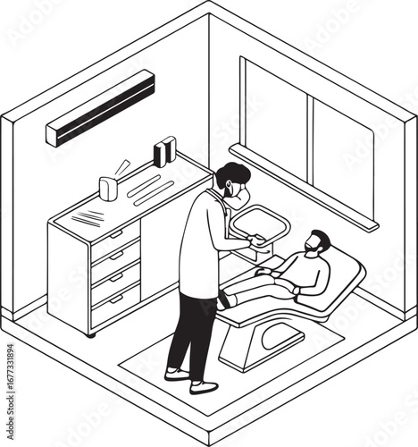 Beautiful healthcare artwork showing a dentist providing oral care to a young patient with professional equipment
