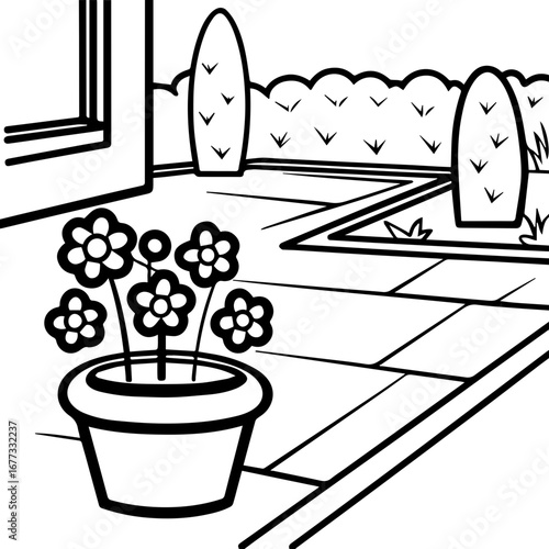 
SVG vector illustration of artificial flowers in a garden around a house.Simple Garden Pathway with Flower Pot and Shrubs