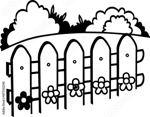 
SVG vector illustration of artificial flowers in a garden around a house.Charming Cartoon Garden Fence with Flowers and Bushes