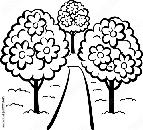 
SVG vector illustration of artificial flowers in a garden around a house.Scenic Pathway Through Flowering Trees in Black and White