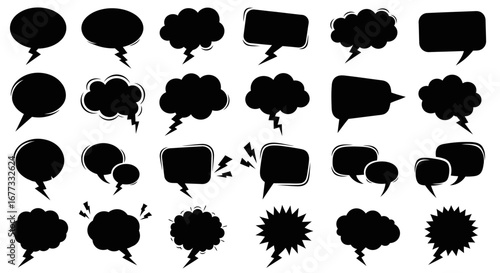 A collection of various black speech bubbles and thought clouds with jagged edges, different shapes and sizes, arranged in rows.