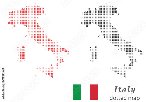 Italy dotted map vector — halftone country silhouette outline
Italy country map silhouette in a halftone dot pattern, isolated
Map of Italy made from dots, vector infographic with flag