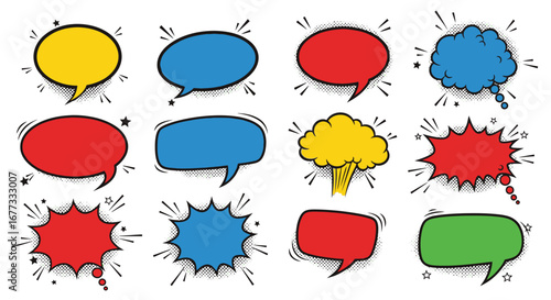 A collection of colorful speech bubbles, each with unique shapes and radiating lines, ready for text.