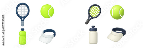 Tennis equipment set: rackets, balls, bottle, and visor. Modern 3D Icon Set