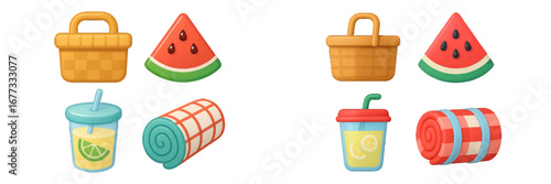 Summer Picnic Items: Basket, Watermelon, Drink, Blanket. Modern 3D Icon Set