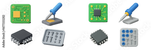 Electronic components and tools for assembly and repair. Modern 3D Icon Set