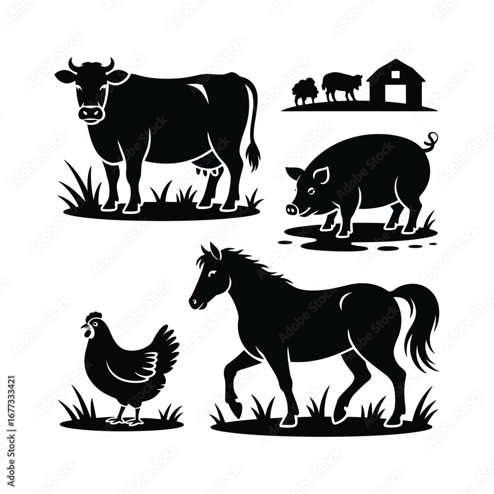 Fototapeta premium Farm Animals Silhouette Illustration Featuring Cow, Pig, Sheep, Chicken, and Horse