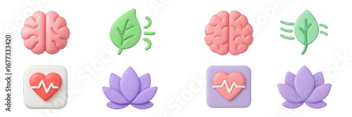 Health and wellness icons: brain, heart, leaf, lotus. Modern 3D Icon Set