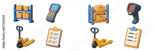 Warehouse operations icons: scanner, pallet jack, shelves with boxes, checklist. Modern 3D Icon Set
