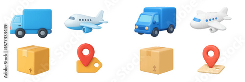 Logistics and delivery icons: truck, airplane, package, location pin. Modern 3D Icon Set