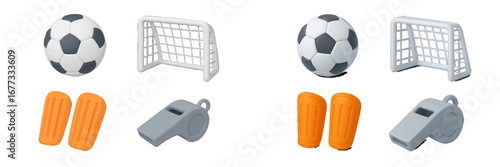 Soccer gear: ball, goal, shin guards, whistle. Modern 3D Icon Set