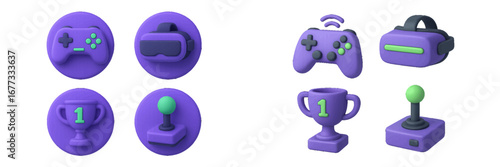 Gaming icons: controller, VR headset, trophy, joystick, wireless symbol. Modern 3D Icon Set