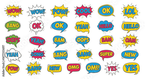 Collection of colorful comic speech bubbles with various expressions like Wow, Bang, Cool, OK, LOL, Yeah, Hello, Oops, Bam, Super, New, OMG, OMI, and Yes.