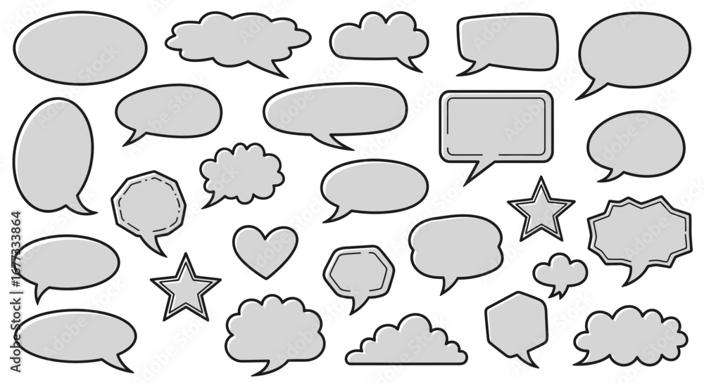 Fototapeta premium Collection of various grey speech bubbles and thought bubbles, different shapes and sizes, isolated on white.