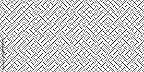 Vector illustration of a complex monochrome abstract pattern. Intricate black and white lines form a labyrinth of connecting dots and geometric shapes creating a grid texture.