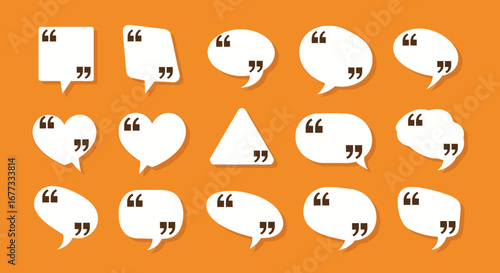 Assortment of various white speech bubbles with quotation marks against an orange background.