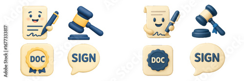 Gavel and Document Signing Legal Icons. Modern 3D Icon Set