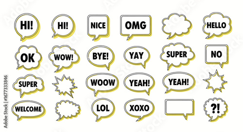 Collection of various cartoon speech bubbles with different expressions.