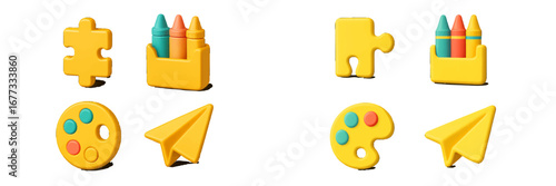 Creative icons for art and education, puzzle pieces, crayons, paint palette, paper airplane. Modern 3D Icon Set
